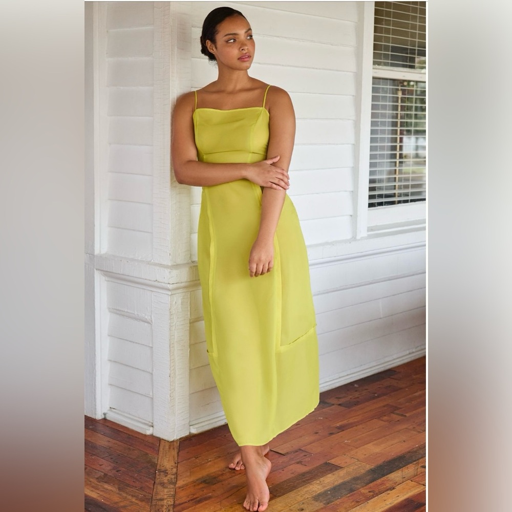 COPY - NWT ANTHROPOLOGIE SHEERED PANELED MIDI DRESS.IN BEAUTIFUL CHARTREUSE COL…